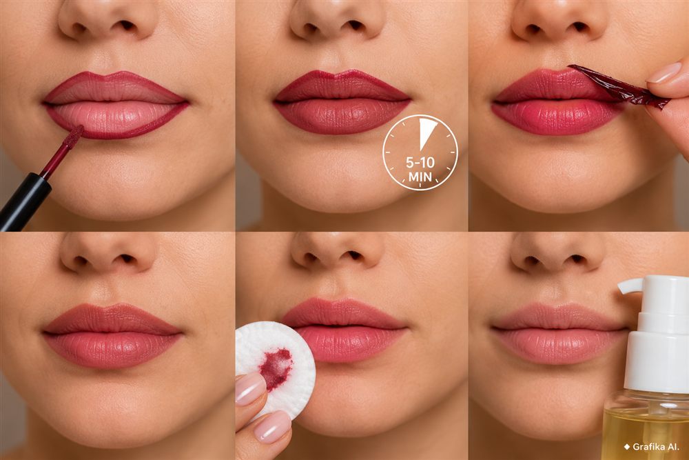 Nakładanie i usuwanie konturówki peel-off do ust – grafika AI