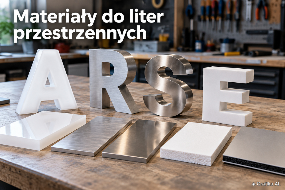 Przestrzenne litery i próbki akrylu, metali oraz płyt wykorzystywanych w reklamie – ilustracja AI