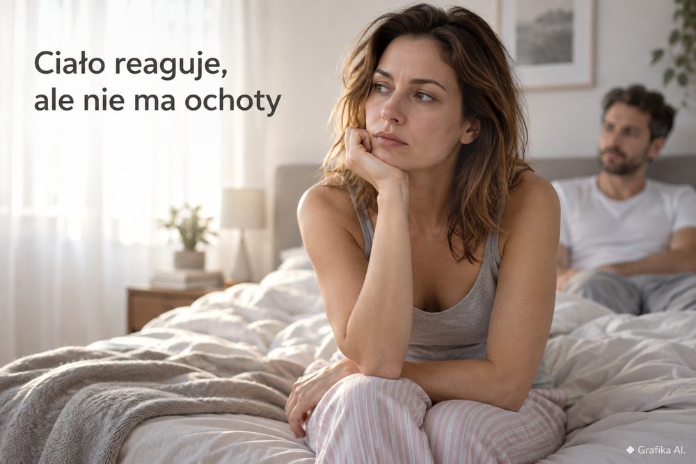 Zamyślona kobieta i jej partner – ilustracja rozbieżności między reakcją ciała a odczuwaniem podniecenia